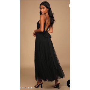 Lulu’s - S- Made to be Magical Black Dotted Tie-Back Tiered Midi Dress